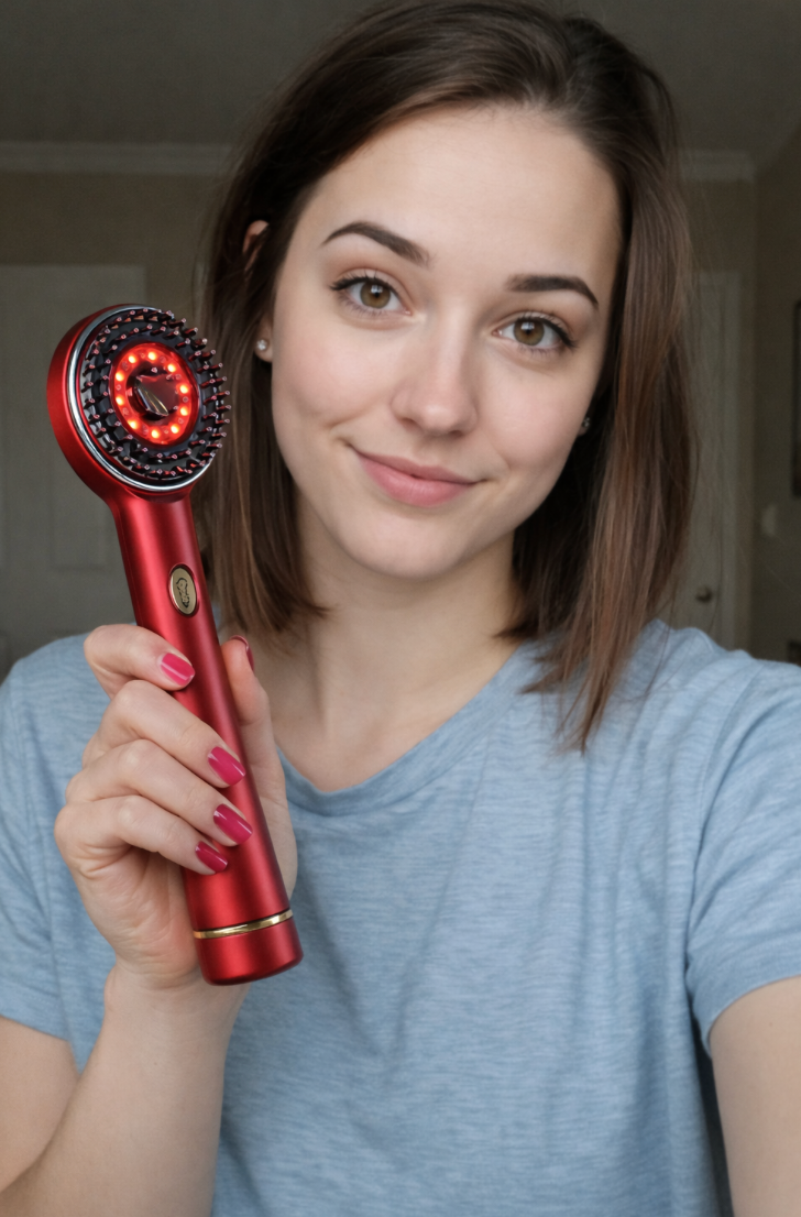 Анастасия Г, 41 г. ⭐⭐⭐⭐⭐ „Започнах да забелязвам изтъняване и липса на плътност. С този гребен косата ми изглежда по-гъста и жизнена, а скалпът ми е по-здрав. Чувствам се отново уверена!“