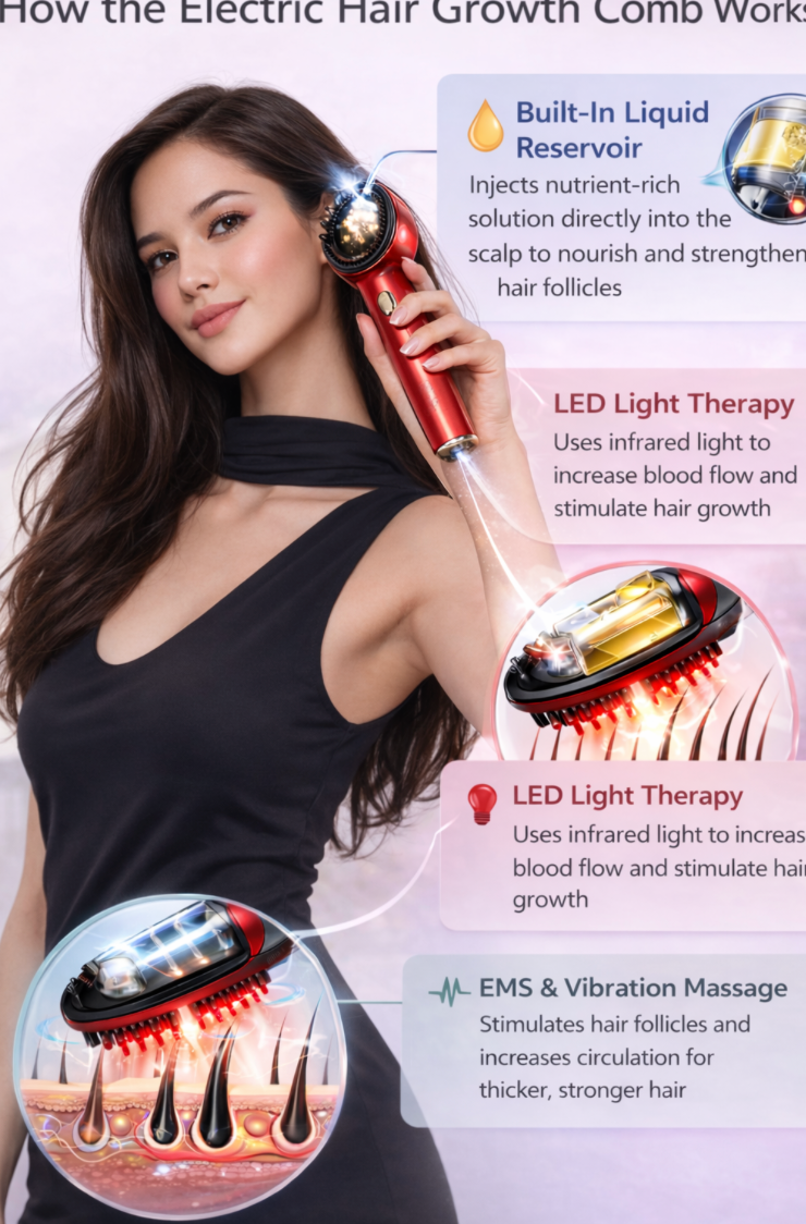 Електрическа четка за растеж на коса с инфрачервена светлина, машина за акупунктурен масаж на скалпа, против косопад,